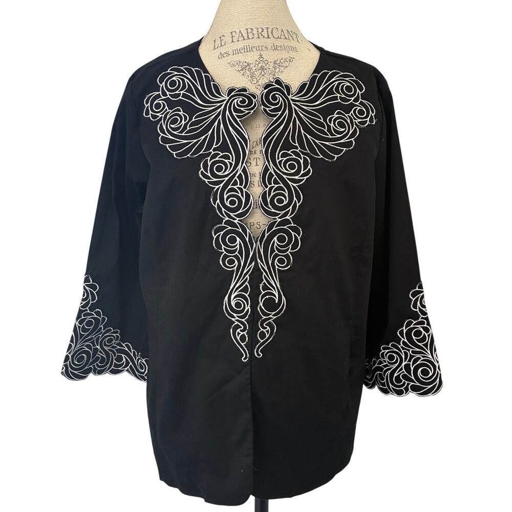 Bob Mackie Wearable Art Black Embroidery Workwear Cardigan Blazer Jacket Size L